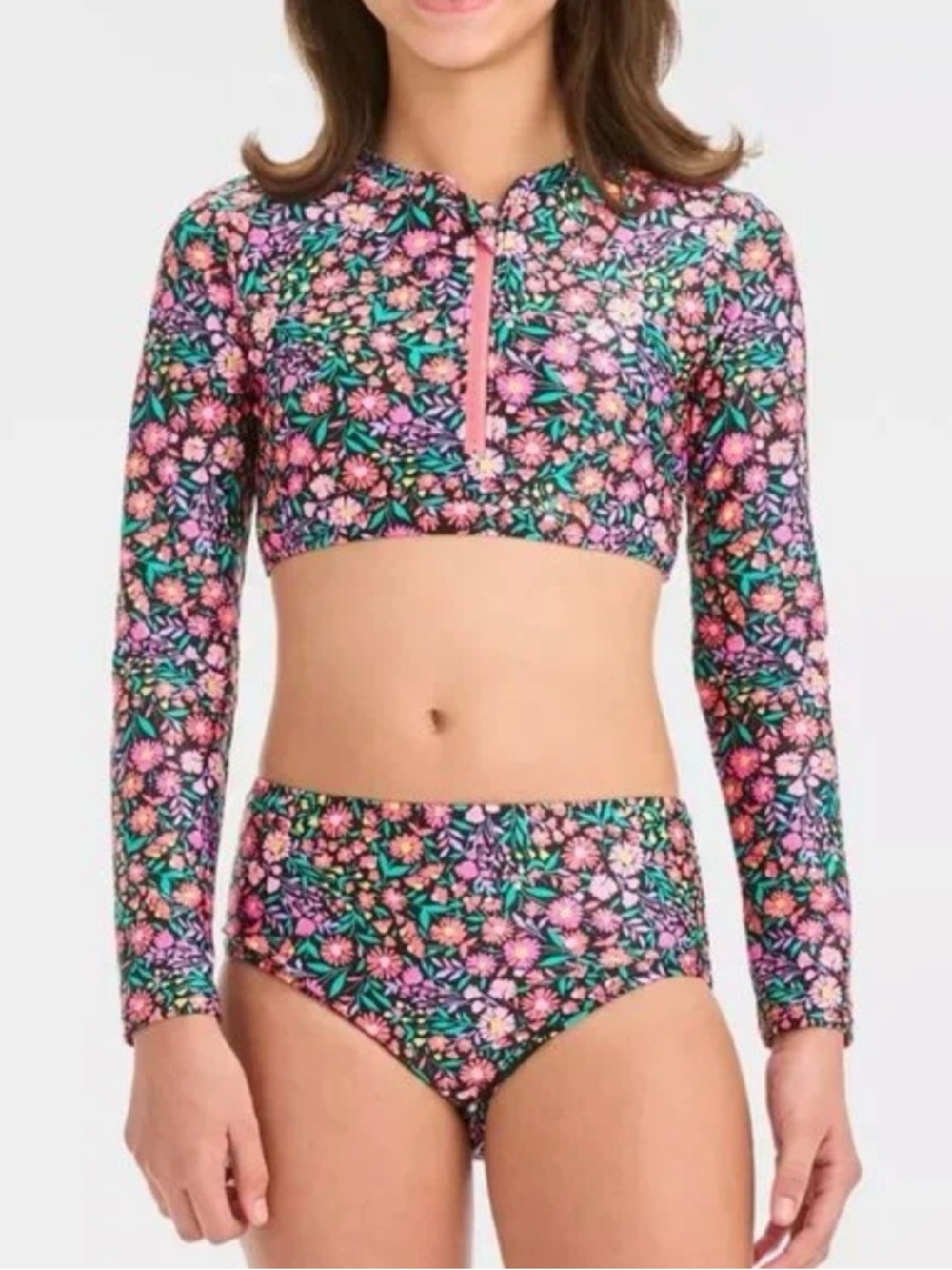 Cat & Jack Black Floral Two-Piece Swim Set with Pink, Teal & Yellow Accents